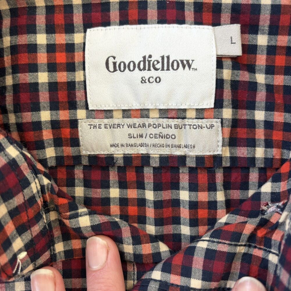 Goodfellow Plaid Poplin Button Up Shirt Mens Large Slim Red Blue Business Casual - Picture 4 of 11